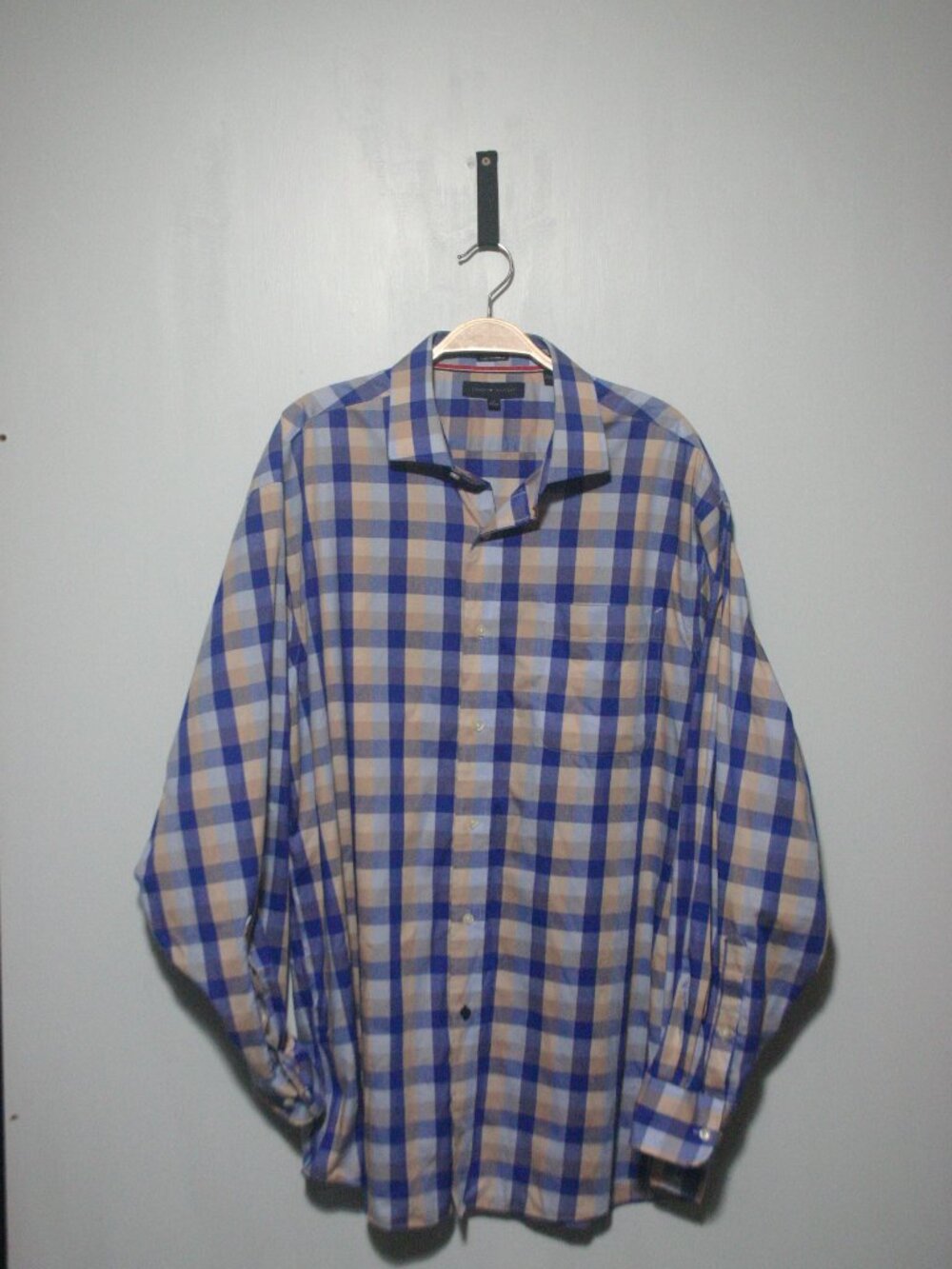 Tommy Hilfiger Plaid Dress Shirt Blue Tan Regular Fit 17 34/35
